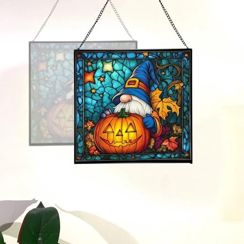 Gnome Pumpkin Lantern Stained Glass Suncatcher – Square Hanging Window Panel for Home or Greenhouse – Whimsical Glass Art Gift for Garden Lovers, Christmas, Halloween, Father Days WS2dno - Image 4
