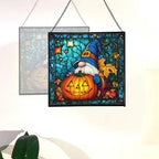 Gnome Pumpkin Lantern Stained Glass Suncatcher – Square Hanging Window Panel for Home or Greenhouse – Whimsical Glass Art Gift for Garden Lovers, Christmas, Halloween, Father Days WS2dno - Image 4
