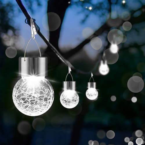 PARTPHONER 32 Pack Hanging Solar Lights Outdoor, Waterproof Solar Globe Lantern with Handle and Clip, Decorative Cracked Glass Ball Lights for Christmas Decor, Tree, Yard, Garden, Patio (Cold White) - Image 2