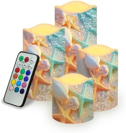 Beach Shell Starfish Flameless Candle with Remote Control Electric LED Pillar Candle Timer Color Changing Long Lasting 4 Pcs Battery Candles by Uorisanigo
