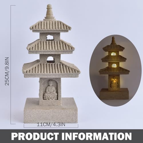 Pagoda Garden Statue 10 Inch Weatherproof Solar Garden Decor for Backyard Balcony Patio Lawn Yard, Khaki, with LED Light Zen Japanese Lantern - Image 4