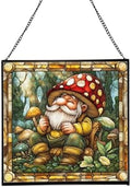 Gnome with Mushroom Maintenance Stained Glass Suncatcher – Square Hanging Window Panel for Home, Garden, Nursery, Halloween, Christmas, Memorial Day – Whimsical Glass Art Gift for Gnome Lovers furjak by Custom