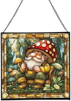 Gnome with Mushroom Maintenance Stained Glass Suncatcher – Square Hanging Window Panel for Home, Garden, Nursery, Halloween, Christmas, Memorial Day – Whimsical Glass Art Gift for Gnome Lovers furjak by Custom