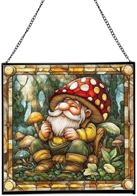Gnome with Mushroom Maintenance Stained Glass Suncatcher – Square Hanging Window Panel for Home, Garden, Nursery, Halloween, Christmas, Memorial Day – Whimsical Glass Art Gift for Gnome Lovers furjak by Custom