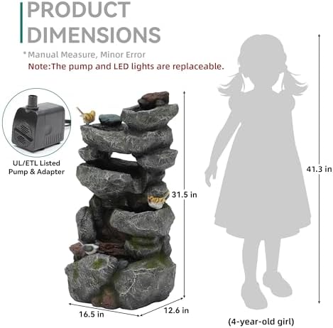 31.5" Multi-Tier Rock Outdoor Water Fountain with LED Lights, Cascading Waterfall with Birds for Garden Patio Porch, Weather-Resistant Resin Water Feature for Tranquil Oasis - Image 3