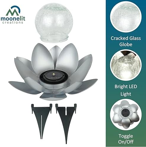 MCSLOTUS-S Silver Lotus Flower Solar LED Garden Light with Crackled Glass Globe – Waterproof Metal Outdoor Décor - Image 3