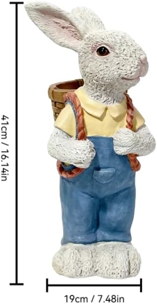 17'' Resin Rabbit Sculpture,Couple Rabbit Statue Flower Pot Blue White - Image 3