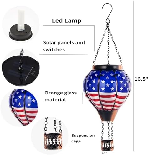 Hot Air Balloon Solar Lantern, American Flag Glass Solar Light Garden Decor - Image 6