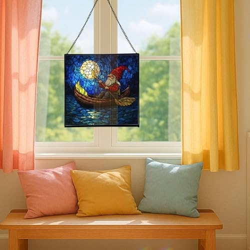 Gnome Canoe Ride Stained Glass Suncatcher – Square Hanging Window Panel for Home or Greenhouse – Whimsical Glass Art Gift for Garden Lovers, Christmas, Halloween, Father Days NYD8LS - Image 5