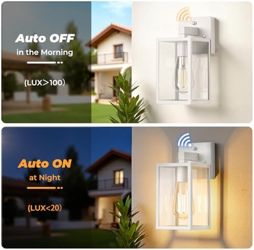 FOLKSMATE 2 Pack Dusk to Dawn Outdoor Wall Light Fixtures, Exterior Porch Light, Waterproof Wall Sconces Lanterns, Sensor Lighting Wall Mount for House Doorway Garage, White - Image 2