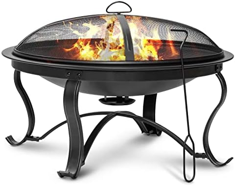 SINGLYFIRE 29 inch Fire Pits for Outside Firepit Outdoor Wood Burning Bonfire Pit Steel Firepit Bowl for Patio Backyard Camping,with Ash Plate,Spark Screen,Log Grate,Poker, bronze by SinglyFire
