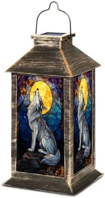 Solar Lantern Stained Glass Wolf Howling Moon Autumn Forest Wildlife Art Outdoor Waterproof Hanging Solar Light Outside Lights for Patio Yard House Lawn Decor Birthday Gifts for Women Mom by Unknown