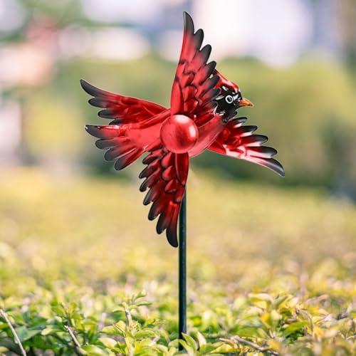 MUMTOP Cardinal Wind Spinner Outdoor, 2 Pack Metal Red Bird Garden Windmill - Image 2