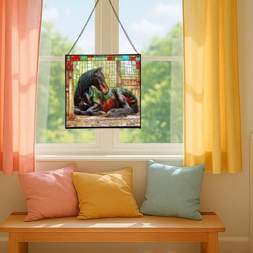 Black Shire Horse Resting Under Stable Eaves Square Suncatcher – Stained Glass Style Window Panel with Pastoral Scene, Custom Decorative Hanging Art for Equestrian Home, Christmas E6Fxuk - Image 5