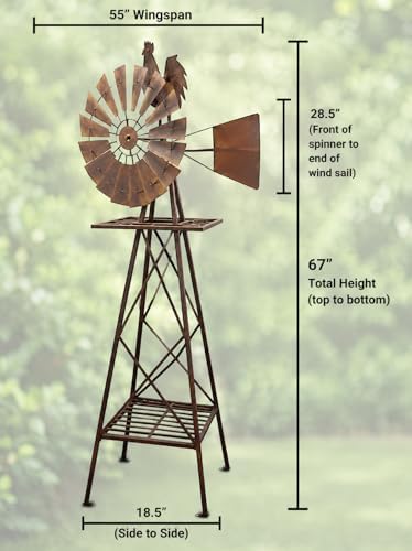 Red Carpet Studios Windmill Wind Spinner Garden Décor Farmhouse Style Galvanized Rooster Yard Art, Stands 67" Tall, Rustic Metal Rooster - Image 5