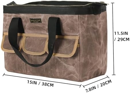 Tool Bag, Durable 16oz Waxed Canvas Wide Mouth Water-Resistant Electrician Tool Bag, Tool Tote with Handle for Tools, Wrenches, Screwdrivers (15 X 7.8 X 11.5 Inch) | Grey - Image 2