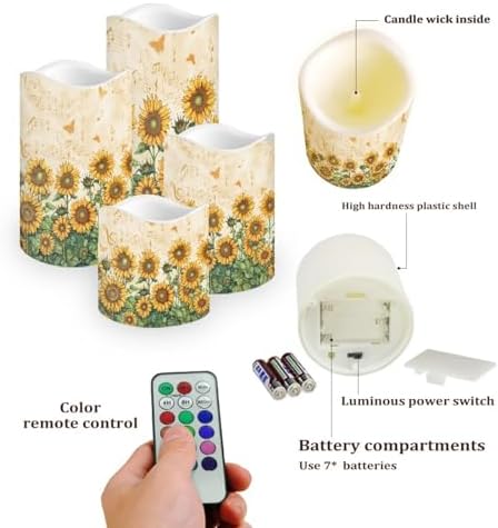Flameless Candles Bulk Tea Lights Sunflower Battery Operated Candles with Remote and Timer for Home Living Room Table Decxoration Electric Pillar LED Candles Set of 4 Color Changing - Image 3