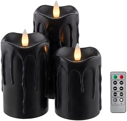 Black Flameless Pillar Candles Flickering with Remote Timer, Battery Operated LED Candles Up to 400 Hours, 3D Moving Flame Real Wax Candles(Black with Dripping Tear) by CozierGlow