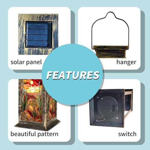 Solar Lantern Illuminated Stained Glass Decor Outdoor Waterproof Garden Hanging Lantern Solar Powered Lighting Outside Table Lamp for Patio Deck Camping 1 Pack - Image 4