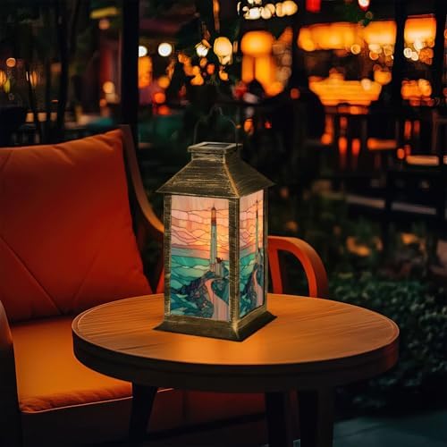 Solar Lantern Sunset Lighthouse Stained Glass Outdoor Garden Hanging Lantern Waterproof Solar Powered Lighting Outside Table Lamp for Deck Yard Camping Patio Decor - Image 7