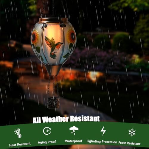 Hot Air Balloon Solar Lantern - Hummingbird Glass Lantern, Simulated Flickering & Dancing Flame, Outdoor Hanging Sunflower Yard Light Waterproof IP65 for Patio Lawn Porch Decor Gift - Image 4