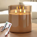 NICEME Extra Large 3 Wick Battery Operated Candle, 6"x6" Big Clear Glass Flameless Candles with Remote, Real Wax Flickering Led Pillar Fake Giant Candle for Wedding Party Holiday Home Decor, Gold by NicemeFlamelessCandle
