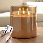 NICEME Extra Large 3 Wick Battery Operated Candle, 6"x6" Big Clear Glass Flameless Candles with Remote, Real Wax Flickering Led Pillar Fake Giant Candle for Wedding Party Holiday Home Decor, Gold by NicemeFlamelessCandle