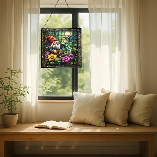 Gnome and Hummingbird Stained Glass Suncatcher – Square Hanging Window Panel for Home or Greenhouse – Whimsical Glass Art Gift for Garden Lovers, Christmas, Halloween, Father Days 78NtZp - Image 7