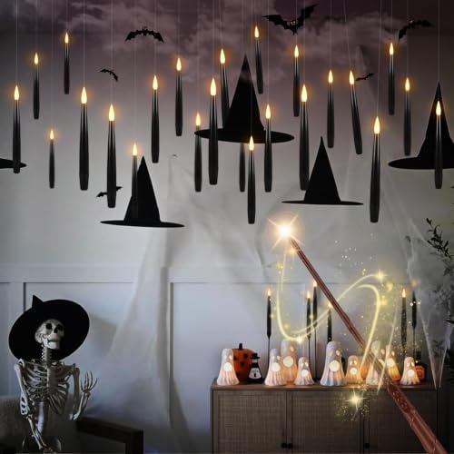 Floating Candles with Magic Wand Remote, 36 PCS Black LED Taper Candles with 2 Wands, Flickering Warm Light Flameless Hanging Candles for Halloween Christmas Party Decor Indoor Outdoor - Image 5