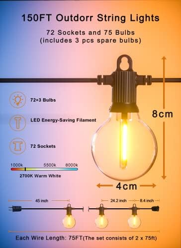 Zuske Outdoor String Lights, 150FT G40 LED IP65 Waterproof Patio Lights - Image 5
