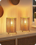 Small Rattan Table Lamps Set of 2, Boho Bedside Lamps Set of 2, Handwoven Paper Lampshade, 4W 2400K LED Bulb Included, Boho Desk Lamp, Nightstand Lamp for Bedroom, Living Room, S11TLP205 by GOEBLESON