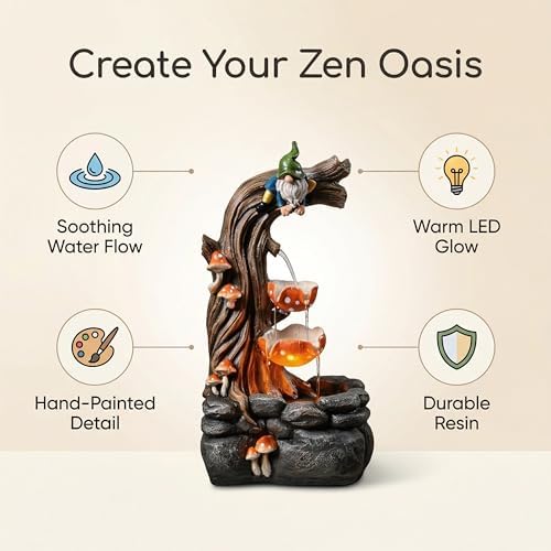 Tolevoit Gnome Outdoor Water Fountain with Warm LED Lights, Cascading Mushroom Waterfall on Tree Stump, Whimsical Garden Decor & Yard Art for Patio, Lawn, Porch and Indoor Tabletop - Image 4