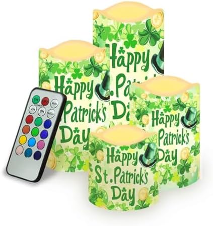 Happy Saint Patrick's Day Flameless Candles LED Pillar Candles Battery Operated Candles with Remote and Timers Color Changing Electric Fake Plastic Candles Green Leaf by Uorisanigo