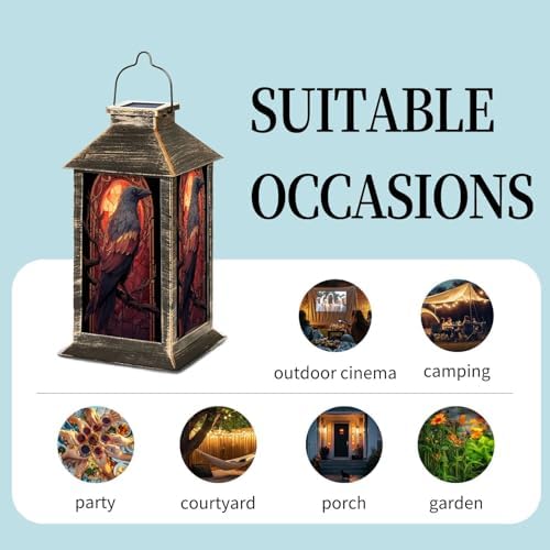 Solar Lantern Majestic Raven Stained Glass Style Radiant Evening Sky Outdoor Waterproof Garden Hanging Lantern Solar Powered Lighting Outside Table Lamp for Patio Deck Camping 1 Pack - Image 5
