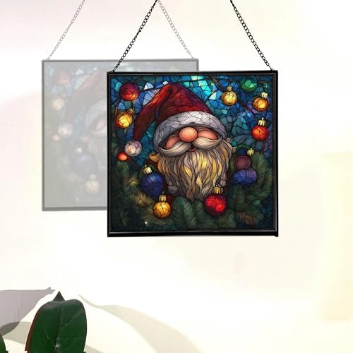Holiday Lights Gnome Stained Glass Suncatcher – Square Hanging Window Panel for Home or Greenhouse – Whimsical Glass Art Gift for Garden Lovers, Christmas, Halloween, Father Days Sbhi0e - Image 4