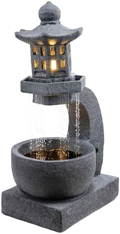 Alpine Corporation DIG370 31" Outdoor Zen Pagoda Water Fountain with LED Lights & Illuminated Stone Bowl – Tranquil Garden Water Feature for Relaxation and Ambiance, Gray by Unknown