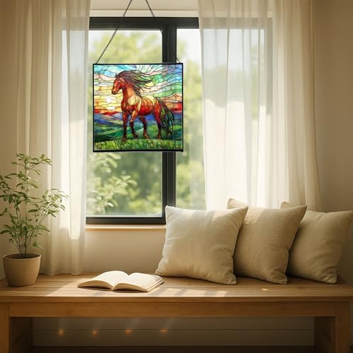 Bay Lusitano Horse Standing ATOP Hill at Sunset Square Suncatcher – Stained Glass Style Window Panel with Pastoral Scene, Custom Decorative Hanging Art for Equestrian Home, Christmas viOc1b - Image 6