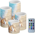4 Pack Flickering Flamless Candles with Remote Battery Operated Elictric LED Pillar Candles with Timer for Outdoor Beach Wedding Coastal Home Decorations, Ocean Starfish by Merkmak