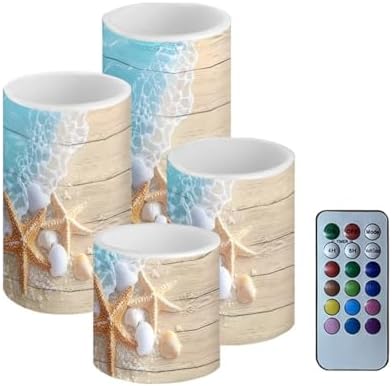 4 Pack Flickering Flamless Candles with Remote Battery Operated Elictric LED Pillar Candles with Timer for Outdoor Beach Wedding Coastal Home Decorations, Ocean Starfish by Merkmak
