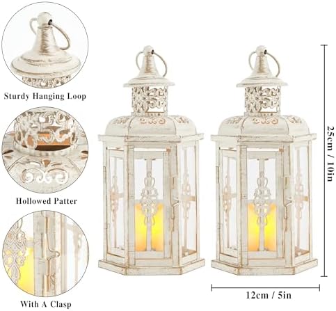 JHY DESIGN Set of 2 Rustic Decorative Lanterns 10" H Vintage Hanging Lantern Metal Candleholder for Indoor Outdoor, Events, Parities, Patio and Wedding(White with Gold Brush) - Image 3