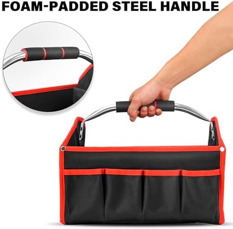 HAUTMEC 13 Inch Tool Bag, Foldable Open Top Tool Bag with Stiff Frame, Heavy-Duty Tool Tote with Padded Handle, Water-Resistant Base, Portable Tool Organizer for DIY & Jobsite Use – TB0001 - Image 4