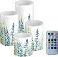 Pack of 4 Flickering Flameless Candles Bulk with Remote Outdoor Battery Operated LED Candles with Timer Elictric Pillar Lights for Beach Coastal Home Decoration, Floral Green Leaves by Merkmak