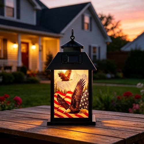 Solar American Flag Lights Outdoor Eagle Garden Lantern with Shepherd Hook - Image 2