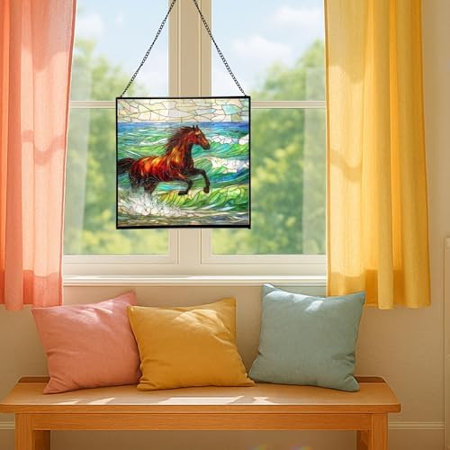Dark Bay Thoroughbred Horse galloping along wind-cut shore Square Suncatcher – Stained Glass Style Window Panel with Pastoral Scene, Custom Decorative Hanging Art for Equestrian Home, Christmas EXx6QH - Image 5