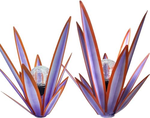 Metal Agave Plant Garden Art, 2 Pack Tequila Rustic Sculpture, Rustic Metal Agave Plants Garden Lawn Home Ornaments, for Yard Stakes, Garden Figurines, Outdoor Patio (2 PCS Purple with Light) by LCJECV