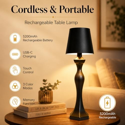 2 Pack Cordless Table Lamps, 5200mAh Rechargeable Battery Operated Lamp, Portable Outdoor Desk Light with 3 Color & Stepless Dimming Touch Control for Bedroom, Patio, Restaurant, Dining Room (Black) - Image 3