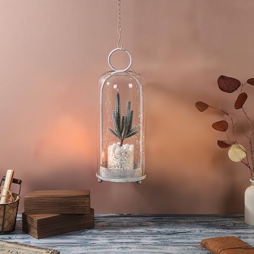 16" High Versatile Modern Metal Hurricane Lantern with Handmade Sturdy Glass Dome in Vintage White for Pillar Candle & Plants, Industrial, Farmhouse, Shabby Chic - Image 4