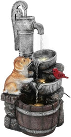 30" Puppy & Red Bird Outdoor Fountain, 3-Tier Pastoral Water Feature with LED Lights, Resin Two Bowls & Wooden Barrel Soothing Cascading Waterfall for Patio, Backyard, Garden - Image 2