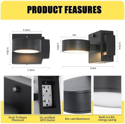 Porch Lights with GFCI Outlet, Dusk to Dawn Outdoor Wall Light with Outlet, LED Aluminum Exterior Light Fixture Waterproof, Outside Lights for House, Front, Door, Patio, Garage - Image 6