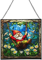 Swinging Garden Gnome Stained Glass Suncatcher – Square Hanging Window Panel for Home or Greenhouse – Whimsical Glass Art Gift for Garden Lovers, Christmas, Halloween, Father Days 5tGEG5 by Custom